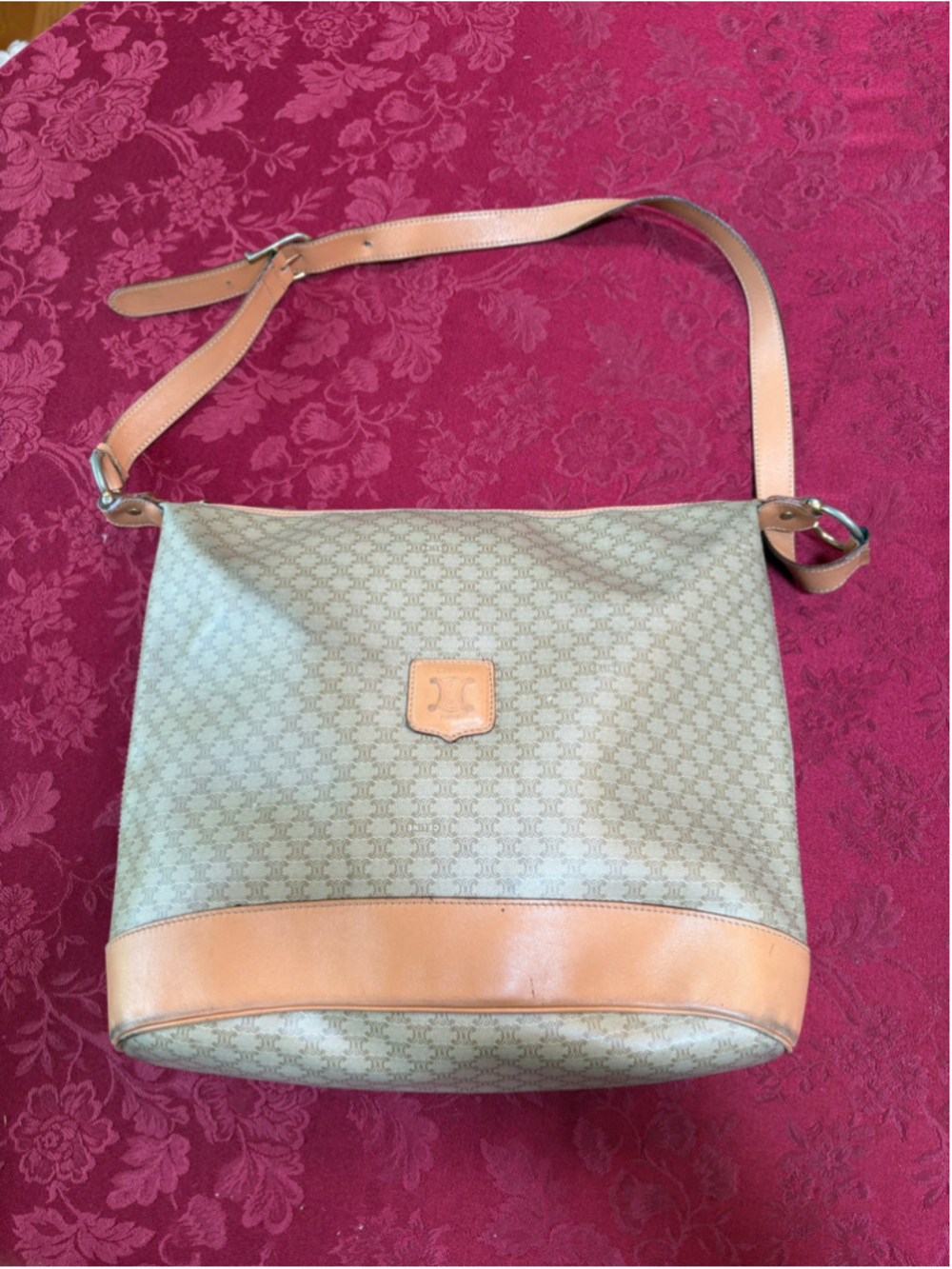Celine Beige & Tan Macadam Hobo Bucket Style Bag